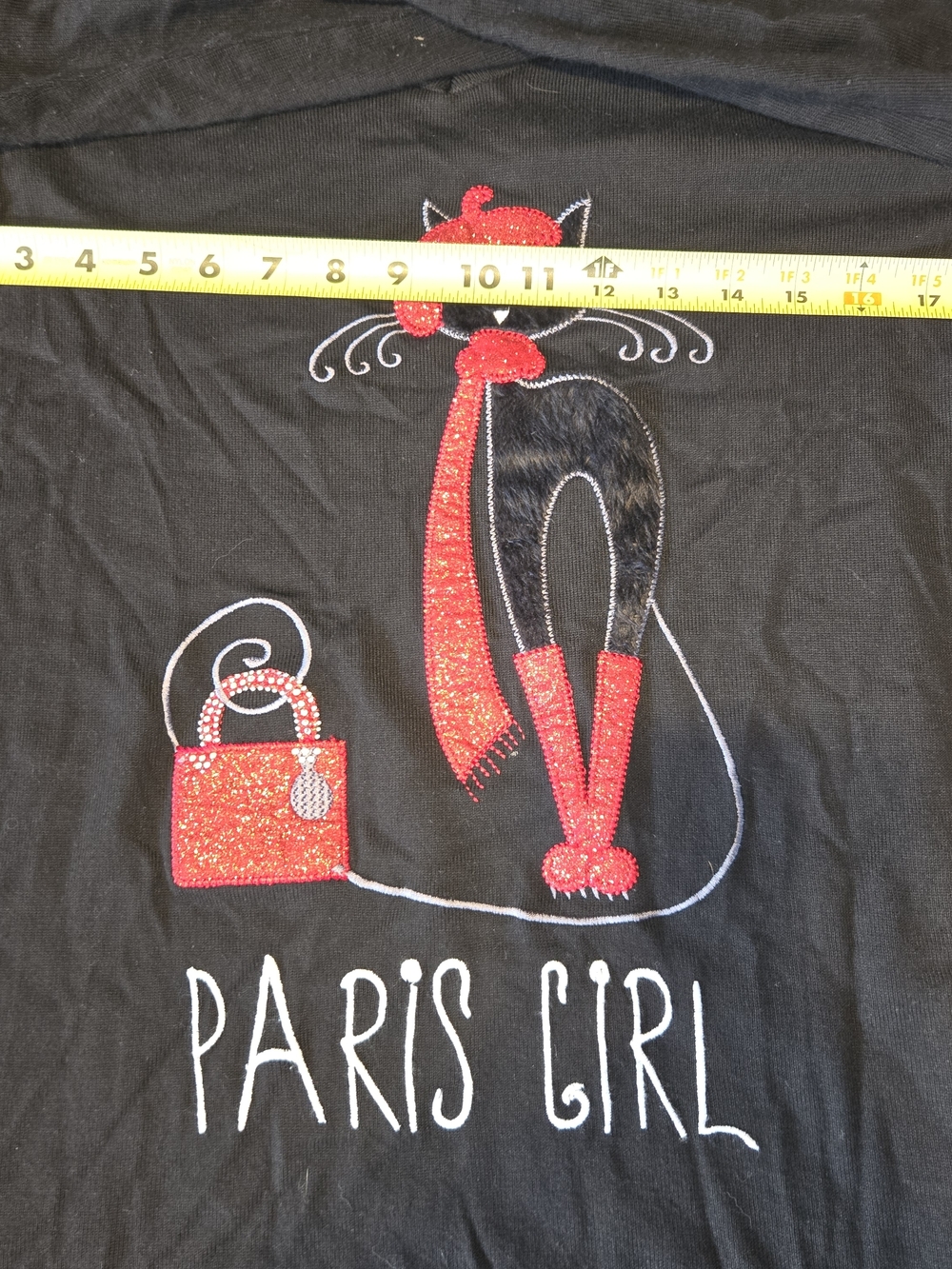Tricotto Black Rhinestone & Sequin Paris Cat Graphic Long Sleeve Top Size M - Picture 4 of 5